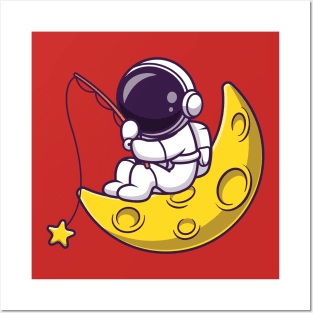 Astronaut Fishing Star On Moon Cartoon Posters and Art